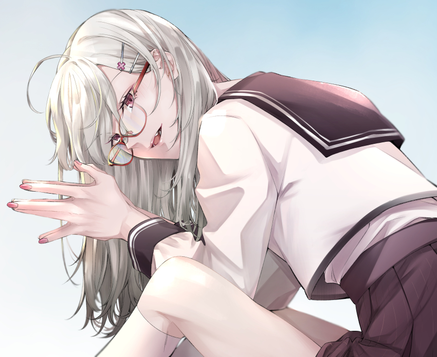 1girl absurdres ahoge blush breasts glasses grey_hair hair_ornament hair_over_one_eye higashizukihi_sei highres large_breasts long_hair looking_at_viewer mole mole_under_eye nijisanji open_mouth purple_eyes school_uniform serafuku shirt skirt solo sukoya_kana sukoya_kana_(3rd_costume) virtual_youtuber white_hair