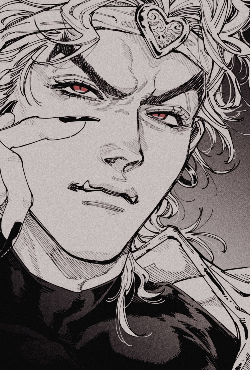 black_nails dio_brando earrings eyelashes fangs fingernails gradient_background greyscale hatching_(texture) headband highres hoop_earrings jewelry jojo_no_kimyou_na_bouken linear_hatching long_fingernails looking_up medium_hair monochrome portrait red_eyes spot_color tsukaikata_wa_wakaru vampire