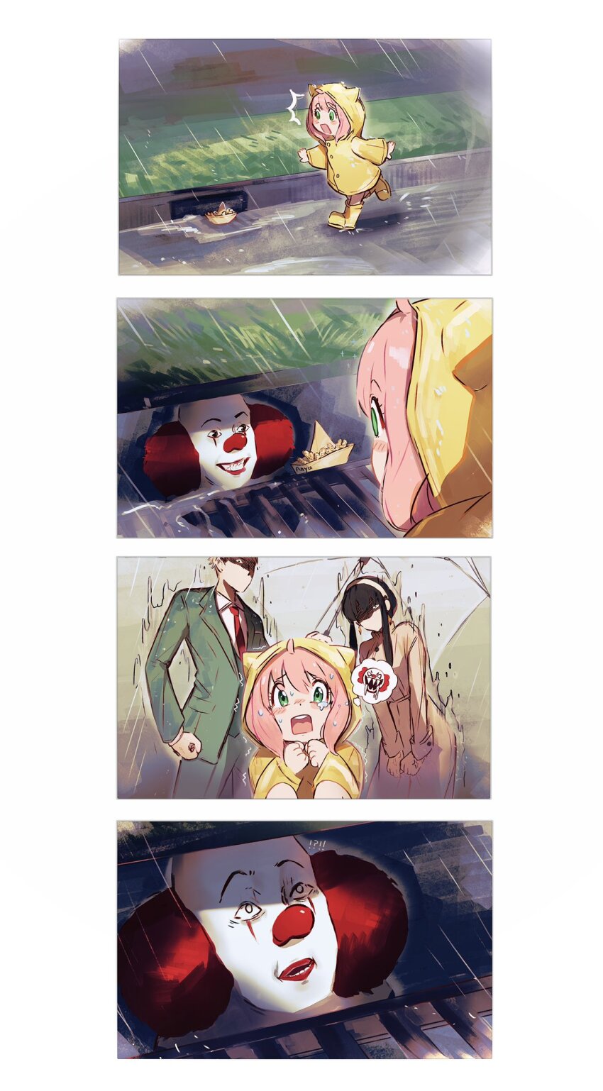 4koma anya_(spy_x_family) boots clown_nose comic hamachamu highres imminent_death it_(stephen_king) kneeling paper_boat pennywise pennywise_in_the_sewer_(meme) rain raincoat scared speech_bubble spy_x_family thought_bubble twilight_(spy_x_family) umbrella yellow_boots yellow_raincoat yor_briar
