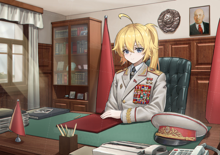 1girl absurdres black_necktie blonde_hair cold_war grey_jacket hammer_and_sickle hat highres huihuang_rongyao jacket looking_at_viewer military_uniform necktie original phone smile solo soviet unworn_hat unworn_headwear vladimir_lenin