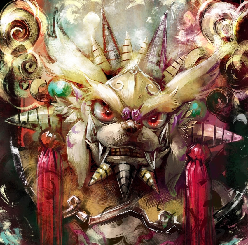 armor blonde_hair clenched_teeth commentary digimon digimon_(creature) disutihada fangs helmet highres horns looking_at_viewer multiple_horns no_humans red_eyes siesamon siesamon_x-antibody snout solo teeth thick_eyebrows upper_body