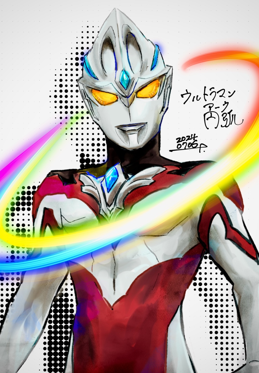 1boy alien black_skin blue_gemstone color_timer colored_skin commentary_request dated energy forehead_jewel gem halftone highres looking_at_viewer male_focus multicolored_skin no_pupils red_skin silver_skin simple_background sketch solo tokusatsu torakichi_(poke_ninja) translation_request ultra_series ultraman_arc ultraman_arc_(series) upper_body white_background yellow_eyes
