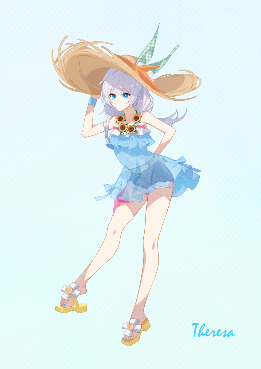 1girl absurdres arm_up bare_shoulders black_shorts blue_dress blue_eyes blue_nails brown_hat commentary cutoffs dress english_commentary flower full_body green_ribbon grey_hair hair_between_eyes hand_on_headwear hat highres honkai_(series) honkai_impact_3rd long_hair nail_polish plaid_ribbon ribbon sandals see-through_clothes see-through_dress short_shorts shorts signature solo straw_hat sunflower theresa_apocalypse theresa_apocalypse_(shallow_sunset) theresa_apocalypse_(valkyrie_pledge) toenail_polish toenails yellow_flower yellow_sandals yuking-