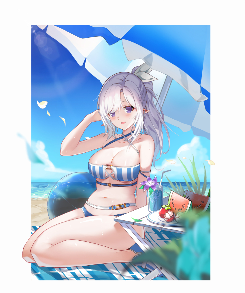 1girl ball bare_arms bare_legs bare_shoulders beach beach_mat beach_umbrella beachball bikini blue_bikini blue_shoes blurry breasts cleavage closers criss-cross_halter day depth_of_field food hair_ribbon halterneck hand_up high_ponytail highres large_breasts levia_(closers) long_hair looking_at_viewer multicolored_bikini navel non-web_source official_art open_mouth outdoors parted_bangs petals plate pointy_ears ponytail popsicle purple_eyes ribbon seiza shoes sidelocks sitting smile solo stomach string_bikini sunlight swimsuit table thighs tropical_drink two-tone_bikini umbrella watermelon_bar wet white_hair