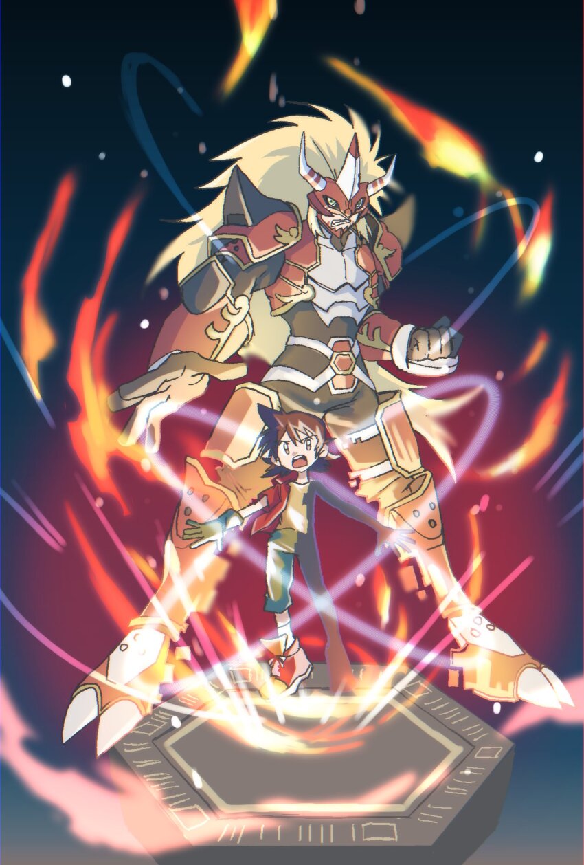 2boys agnimon armor blonde_hair blue_eyes brown_hair clenched_hand clenched_teeth digimon digimon_(creature) digimon_frontier fire full_body henshin highres horns jacket kanbara_takuya long_hair male_focus megane_mochi multiple_boys red_armor red_jacket red_mask shirt short_hair teeth yellow_shirt