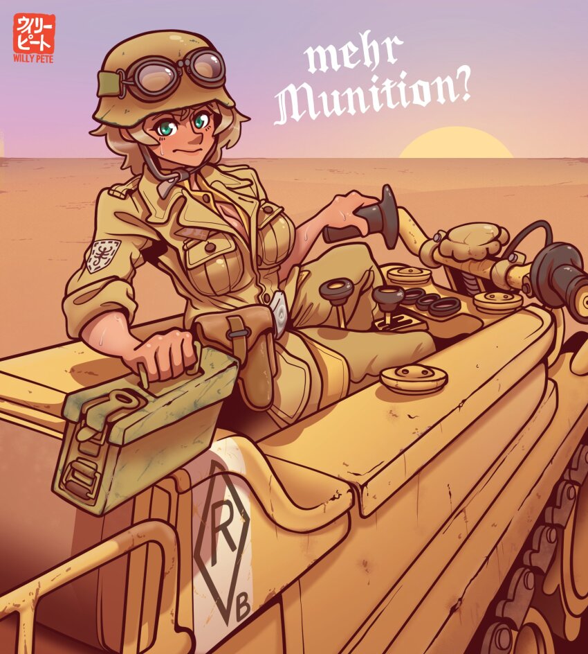 1girl afrika_korps ammunition_box arm_patch artist_name box breasts cleavage combat_helmet dessert food german_text goggles goggles_on_headwear helmet highres holding holding_box holster horizon kettenkrad looking_at_viewer medium_hair military_uniform original sitting solo stahlhelm sunset willy_pete