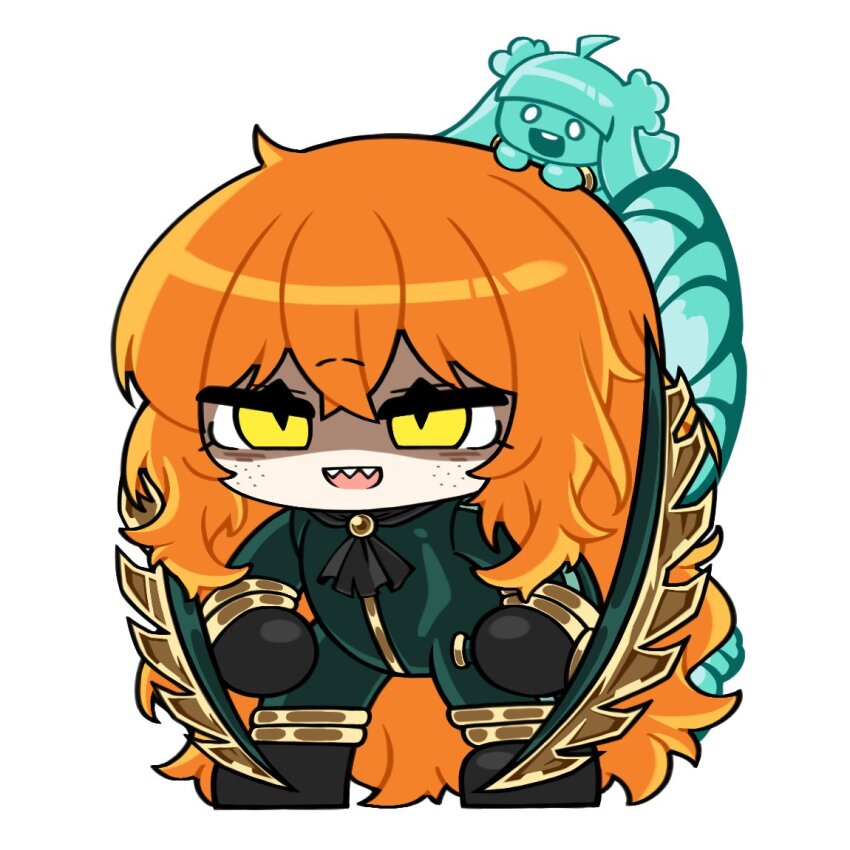 1girl anklet black_gloves black_shoes bodysuit bracelet chibi e.g.o_(project_moon) fairy_festival fairy_wings freckles full_body gloves green_bodysuit ishmael_(project_moon) jewelry limbus_company long_hair matiyan923 messy_hair open_mouth orange_hair project_moon shaded_face sharp_teeth shoes sidelocks simple_background smile solo teeth very_long_hair white_background wingbeat_(e.g.o) wings yellow_eyes
