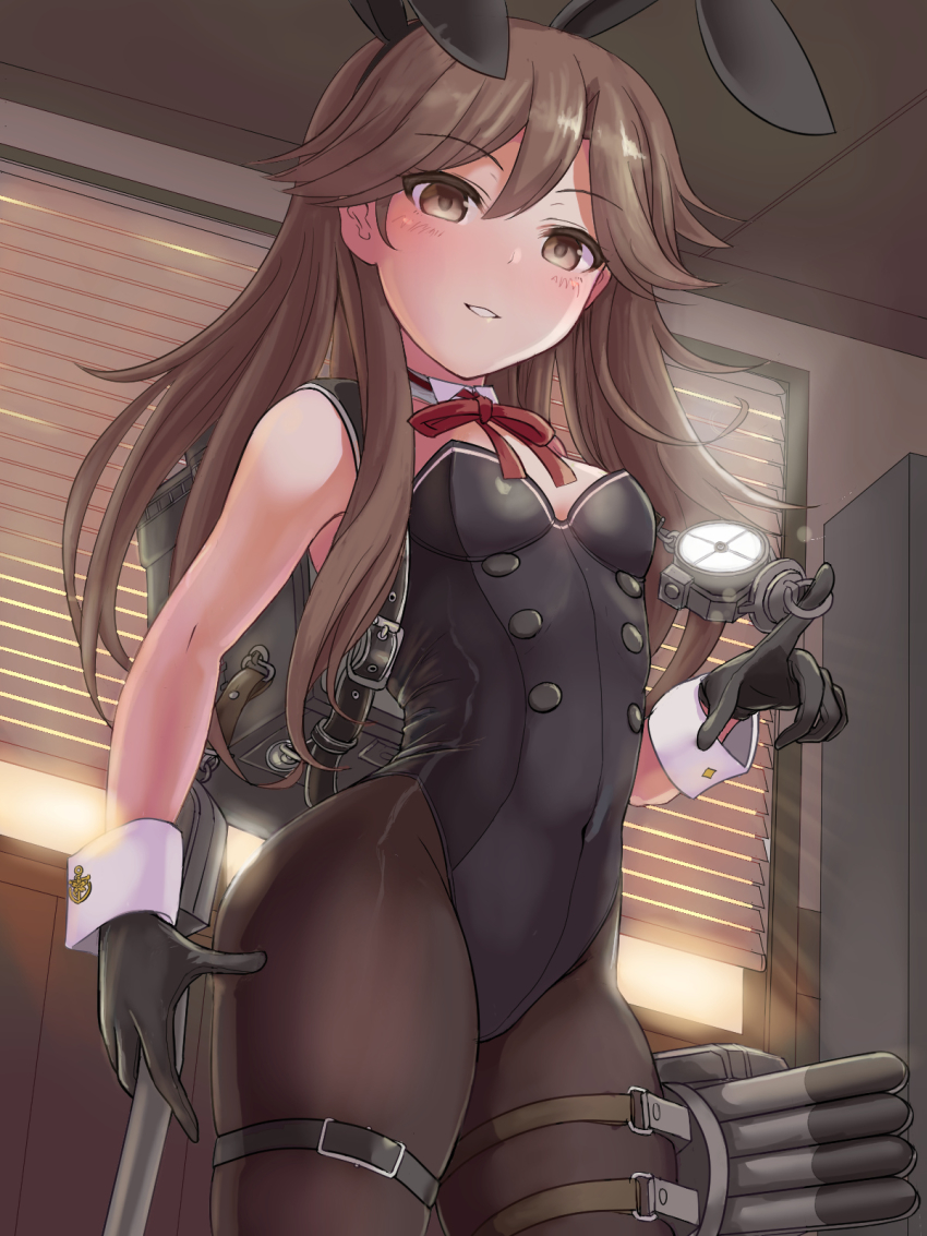 1girl adapted_costume animal_ears arashio_(kancolle) arashio_kai_ni_(kancolle) backpack bag black_gloves black_leotard black_pantyhose blush breasts brown_eyes brown_hair detached_collar em_s fake_animal_ears gloves groin highres kantai_collection leotard long_hair looking_at_viewer pantyhose parted_lips playboy_bunny rabbit_ears rabbit_tail randoseru red_neckwear rigging searchlight side-tie_leotard small_breasts smile solo strapless strapless_leotard tail thigh_strap torpedo_launcher torpedo_tubes wrist_cuffs