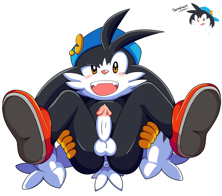 anus ass bandai_namco black_fur blush cat completely_nude fangs furry glans gloves hat highres kaze_no_klonoa klonoa klonoa_2:_lunatea&#039;s_veil long_ears lying nude penis perineum senshion senshionart shoes testicles