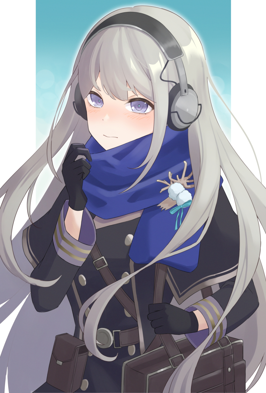 1girl adjusting_scarf bag belt belt_pouch bkornblume black_coat black_dress black_gloves blue_background blue_eyes blue_scarf blush brown_bag closed_mouth coat coat_dress dress gloves grey_hair hand_up headphones highres holding_strap long_hair looking_at_viewer pouch reverse:1999 sam_browne_belt scarf shinna_(user_zfuz4288) shoulder_bag solo two-tone_background upper_body very_long_hair white_background