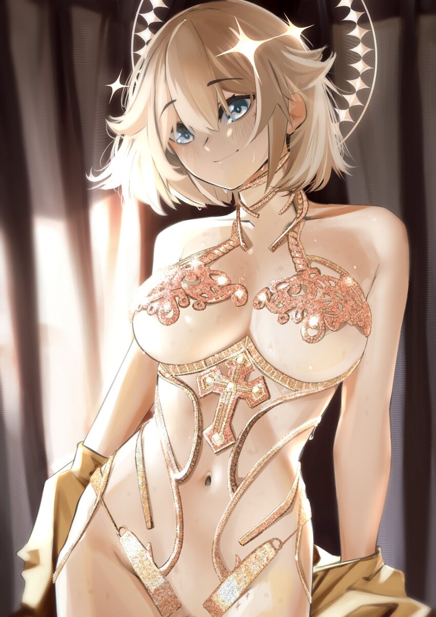 1girl absurdres blonde_hair blue_eyes blush breasts commentary cross english_commentary hair_between_eyes hair_ornament highres kaneko_lumi large_breasts looking_at_viewer navel phase_connect pupi_(rain_prophet) revealing_clothes smile solo star_(symbol) sweat virtual_youtuber