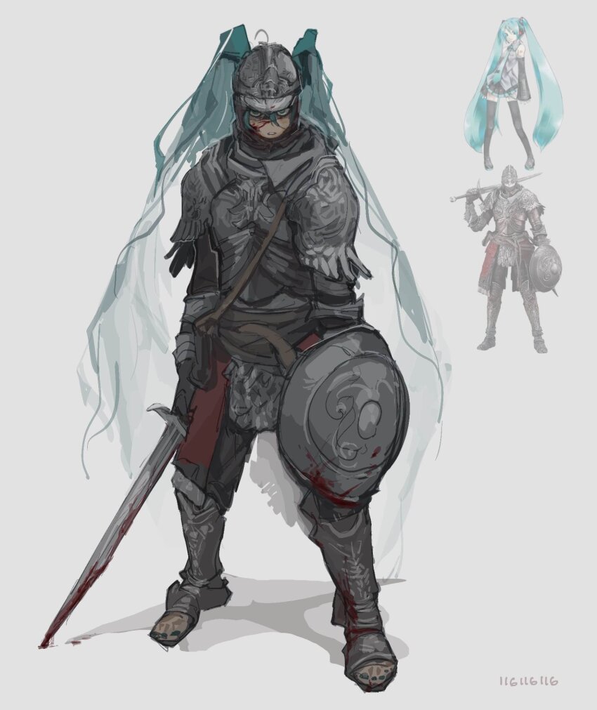 116116116el angry armor blood blood_on_face bloody_wolf_(elden_ring) blue_eyes blue_hair cosplay elden_ring gauntlets hatsune_miku highres holding holding_sword holding_weapon long_hair red-haired_tarnished_(qiqiqiqi) shield staring sword tarnished_(elden_ring) tarnished_(elden_ring)_(cosplay) vocaloid weapon worldwide_miku