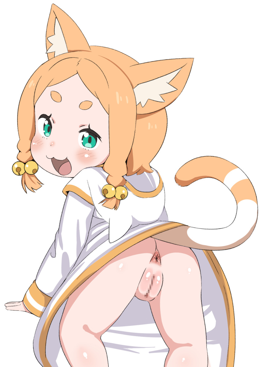 1girl :3 akatsuki_no_guuru animal_ears anus ass bell blush cat_ears cat_girl cat_tail censored cleft_of_venus green_eyes hair_bell hair_ornament highres loli looking_at_viewer looking_back mimi_pearlbaton mosaic_censoring no_panties open_mouth orange_hair pussy re:zero_kara_hajimeru_isekai_seikatsu smile tail upskirt