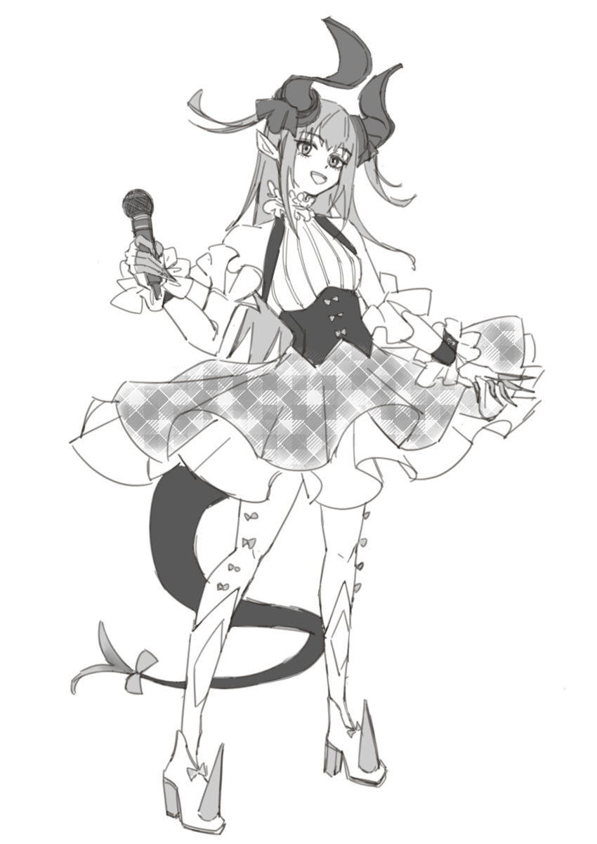 1girl absurdres bodice bow bowtie dress elizabeth_bathory_(fate) fate/grand_order fate_(series) frills hair_bow high_heels highres holding holding_microphone horns just_we layered_dress long_hair microphone original pleated_dress shoes solo solo_focus spiked_shoes spikes studs tail thighhighs