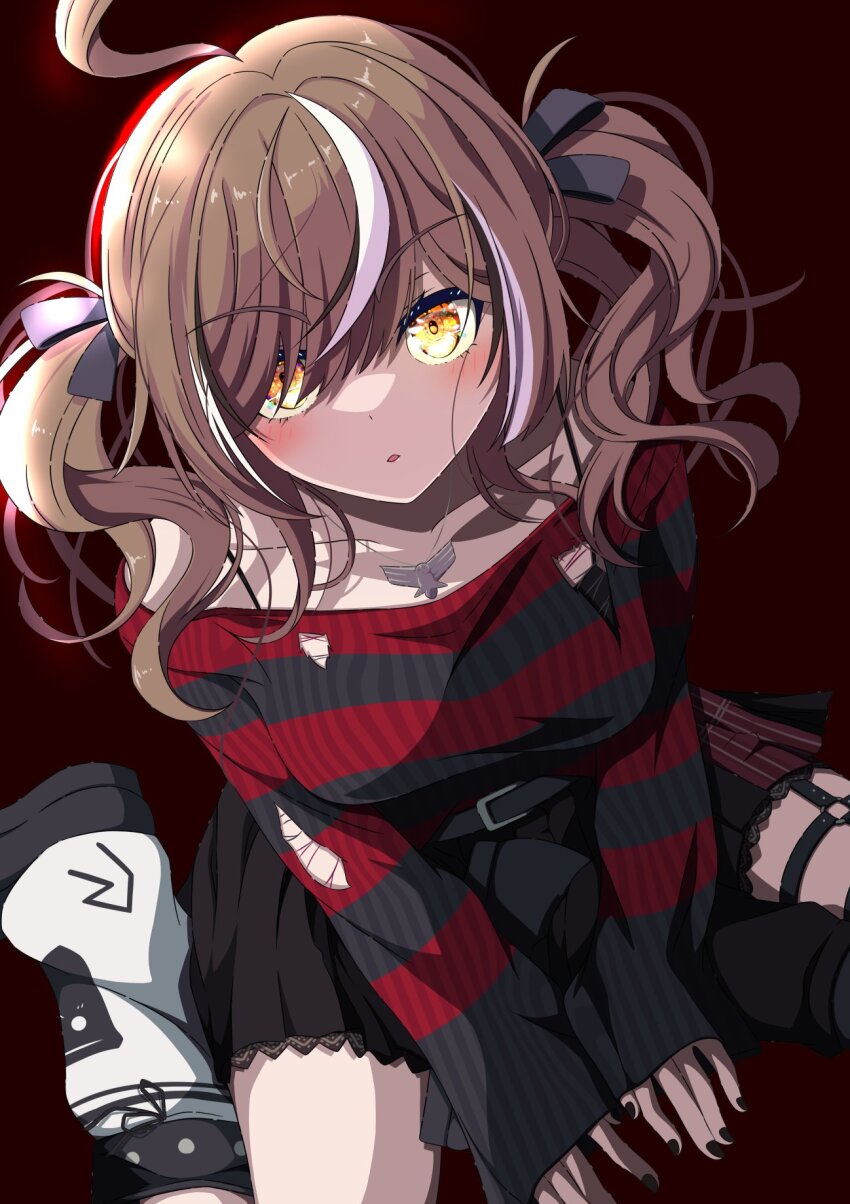 1girl ahoge belt black_nails black_ribbon black_skirt black_sweater brown_eyes brown_hair danball_shiro friend_(nanashi_mumei) from_above hair_ribbon highres hololive hololive_english huge_ahoge jewelry leg_warmers looking_at_viewer looking_up multicolored_hair nanashi_mumei nanashi_mumei_(emo) necklace o-ring o-ring_thigh_strap official_alternate_costume official_alternate_hairstyle parted_lips plaid pleated_skirt red_sweater ribbon sitting skirt streaked_hair striped_clothes striped_sweater sweater sweater_tucked_in thigh_strap torn_clothes torn_sweater twintails two-tone_sweater virtual_youtuber wariza white_leg_warmers