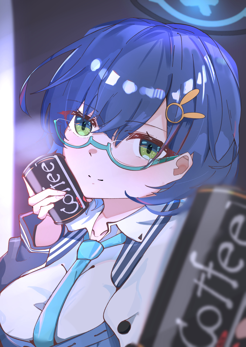 1girl absurdres aqua-framed_eyewear blue_archive blue_hair blue_halo blue_necktie breasts can can_to_cheek canned_coffee chihiro_(blue_archive) closed_mouth collared_shirt commentary_request drink_can glasses green_eyes hair_ornament halo highres holding holding_can incoming_drink jacket large_breasts long_sleeves looking_at_viewer muteppona_hito necktie open_clothes open_jacket outdoors portrait rabbit_hair_ornament semi-rimless_eyewear shirt short_hair smile solo under-rim_eyewear white_jacket white_shirt
