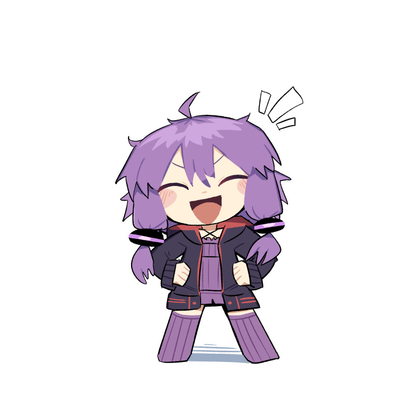 1girl :d ^_^ ahoge black_hoodie blush_stickers closed_eyes commentary_request double-parted_bangs dress facing_viewer full_body hands_on_own_hips highres hood hood_down hoodie kizuna_akari konohoshi legs_apart long_sleeves notice_lines open_clothes open_hoodie open_mouth purple_dress purple_hair purple_thighhighs short_dress short_hair_with_long_locks simple_background smile solo standing thighhighs v-shaped_eyebrows vocaloid voiceroid white_background yuzuki_yukari zettai_ryouiki