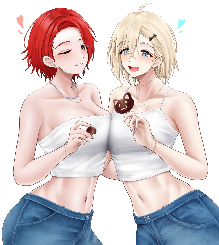 2girls absurdres asymmetrical_docking azur_lane banba_(jakqbigone) bare_arms bare_shoulders bataan_(azur_lane) bead_necklace beads blonde_hair blue_eyes breast_press breasts camisole cleavage crop_top denim forehead grin hair_ornament hairclip heart highres holding jeans jewelry looking_at_viewer midriff multiple_girls navel necklace one_eye_closed pants purple_eyes red_hair short_hair simple_background smile spaghetti_strap stomach strapless tube_top weser_(azur_lane) white_background