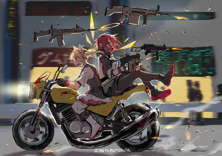 2girls animal_ears arknights assault_rifle back-to-back black_gloves black_pantyhose black_skirt black_vest blonde_hair blood_on_vehicle blurry blurry_background blush boots building casing_ejection city closed_eyes energy_wings exusiai_(arknights) fingerless_gloves firing floating_gun floating_hair from_side frown glint gloves gun halo highres holding holding_gun holding_weapon jacket knee_boots kriss_vector motion_blur motor_vehicle motorcycle multiple_girls mutomorokoshi nervous on_motorcycle open_mouth pantyhose profile red_eyes red_hair rifle shell_casing shirt short_hair silhouette sitting skirt smile sora_(arknights) submachine_gun telekinesis thighhighs twintails urban vest weapon white_boots white_jacket white_shirt white_skirt white_thighhighs