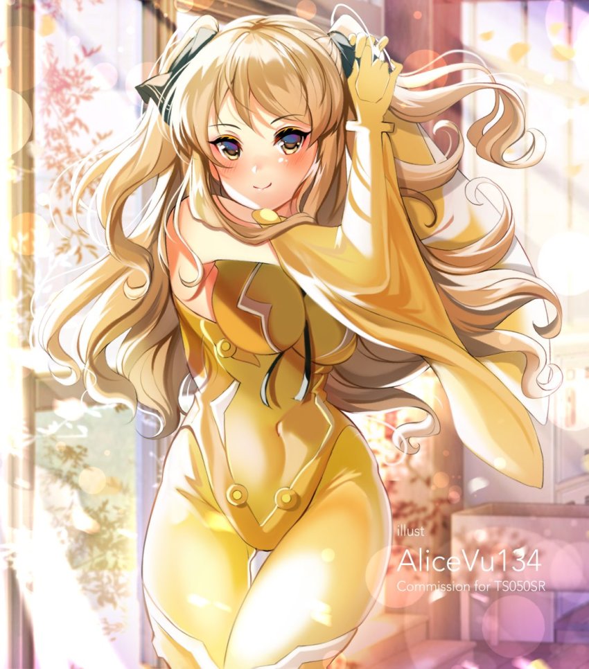1girl adjusting_hair alice_vu ao_no_kanata_no_four_rhythm arms_up black_ribbon blonde_hair blush bodysuit breasts brown_eyes commission covered_navel hair_ribbon highres holding holding_own_hair large_breasts light_rays long_hair looking_at_viewer ribbon satouin_reiko smile solo tying_hair yellow_bodysuit