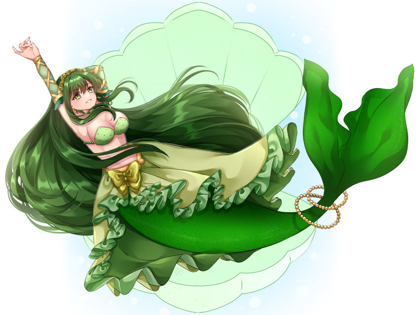 1girl arm_ribbon armpits arms_up bikini bikini_top_only blush bow bow_skirt breasts bridal_gauntlets clam_shell cleavage commentary_request earrings flower_hairband frilled_skirt frills full_body green_bikini green_eyes green_hair green_skirt grin hair_between_eyes highres jewelry kneeless_mermaid large_breasts long_hair looking_at_viewer mermaid mermaid_melody_pichi_pichi_pitch midriff monster_girl necklace ribbon shell shell_necklace sidelocks skirt smile solo swimsuit tail tail_ornament touin_rina touin_rina_(princess) very_long_hair white_background yellow_bow yuzuca_(trickster4594)