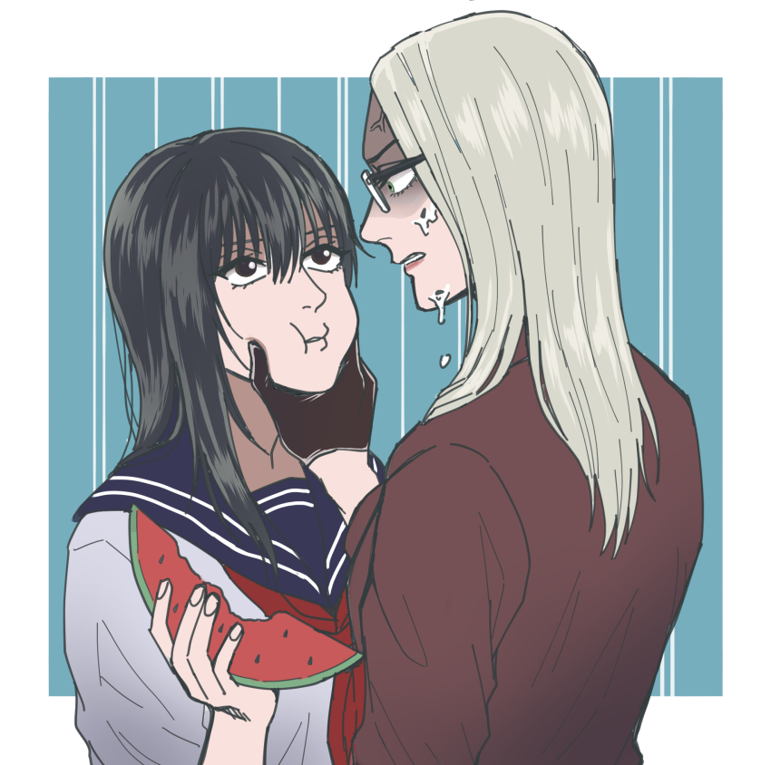 2girls anger_vein angry black_eyes black_gloves black_hair blue_background blue_sailor_collar border brown_jacket commentary_request face-to-face food food_on_face fruit glasses gloves green_eyes grey_hair hair_between_eyes highres holding holding_food holding_fruit holding_watermelon jacket long_hair looking_at_another mugennitaberu multiple_girls neckerchief original parted_lips profile red_neckerchief rimless_eyewear sailor_collar school_uniform serafuku shirt upper_body watermelon watermelon_slice white_border white_shirt