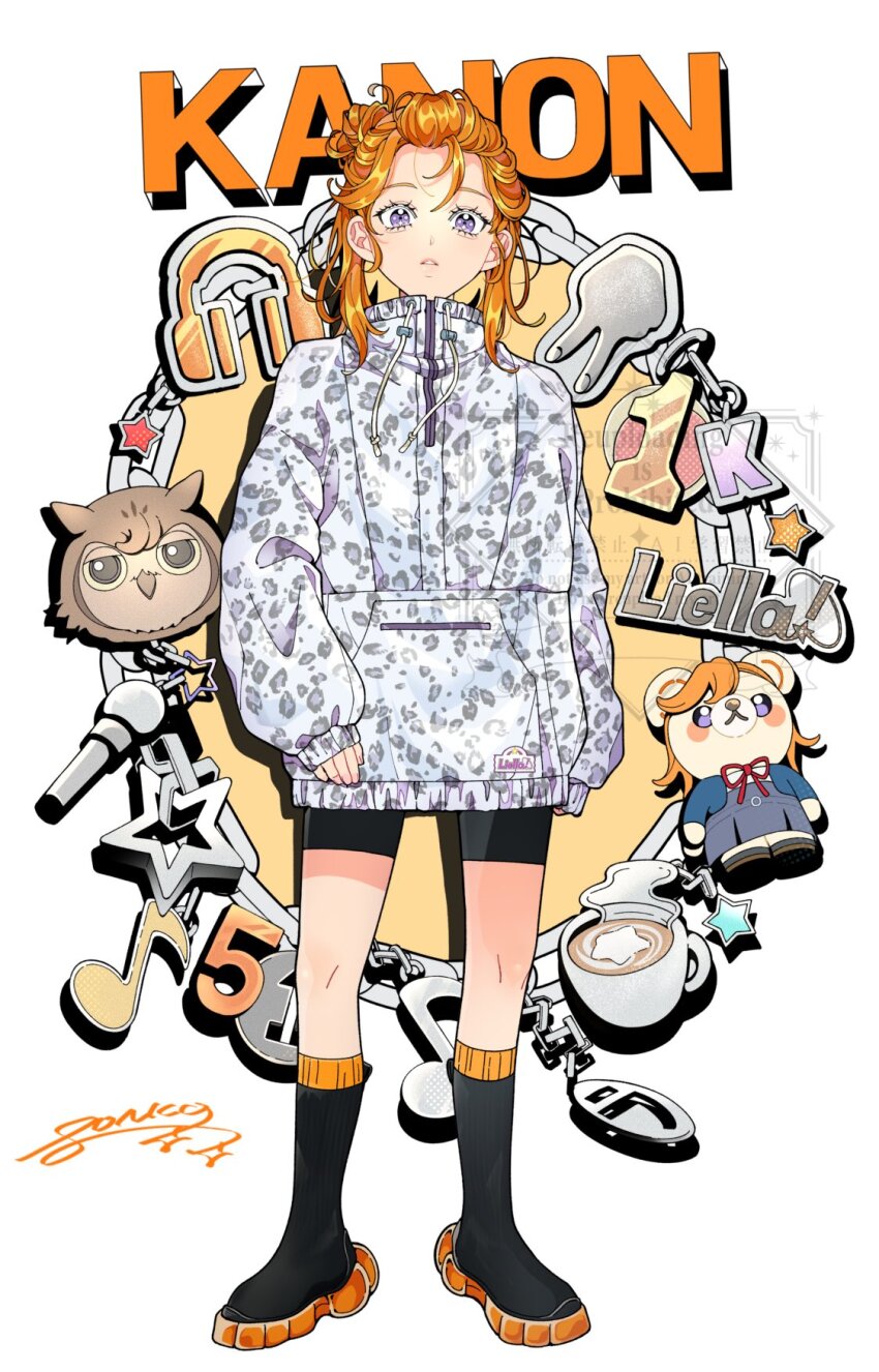 1girl animal_print animalization bangs_pinned_back bike_shorts black_boots black_shorts boots character_charm character_doll character_logo character_name charm_(object) coffee colored_shoe_soles commentary_request cup doll eighth_note full_body group_name highres hood hoodie leopard_print long_hair long_sleeves looking_at_viewer love_live! love_live!_superstar!! manmaru_(love_live!) microphone musical_note official_art orange_hair parted_lips ponko517 print_hoodie purple_eyes shibuya_kanon shorts signature sleeves_past_wrists solo standing stuffed_animal stuffed_toy teacup teddy_bear watermark white_hoodie