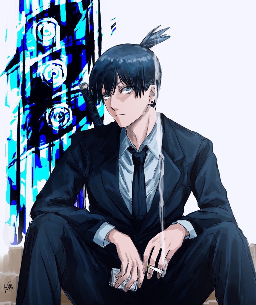 1boy 1other black_hair black_jacket black_pants black_suit blue_eyes chainsaw_man cigarette collared_shirt earrings extra_eyes formal_clothes fox_devil_(chainsaw_man) h9r9h9r9 hair_between_eyes hair_tied hair_tied_up hayakawa_aki head_tilt highres jacket jewelry lighter long_sleeves looking_at_viewer medium_hair necktie pants piercing shirt sitting three-quarter_sleeves smoke smoking suit tile watermark white_shirt