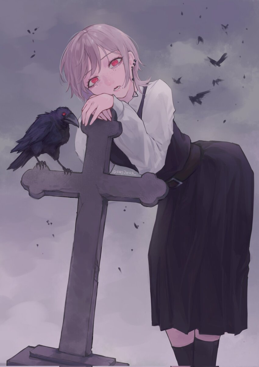1girl bird black_dress chainsaw_man collared_shirt crow dress earrings fami_(chainsaw_man) fourth_east_high_school_uniform grey_hair highres jewelry long_sleeves looking_at_viewer lower_teeth_only mole mole_under_eye mole_under_mouth multiple_moles open_mouth overcast pinafore_dress pink_eyes saydens school_uniform shirt short_hair sky sleeveless sleeveless_dress solo teeth tombstone twitter_username white_shirt