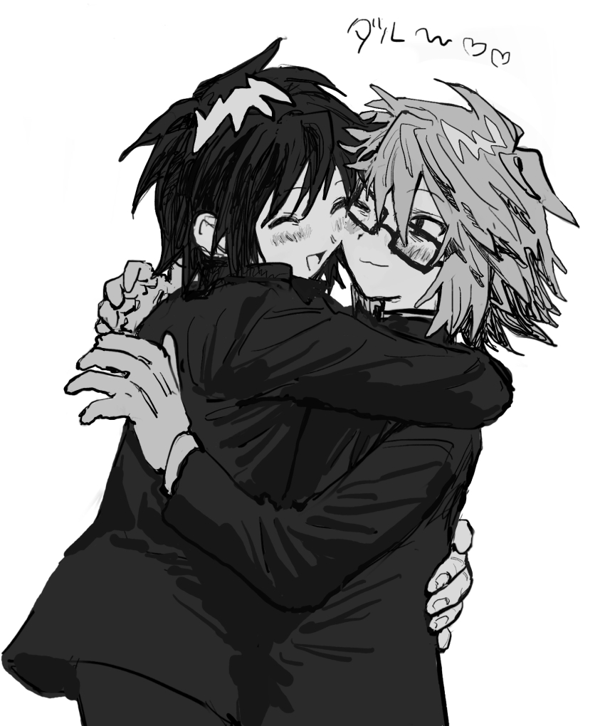 2boys commentary_request cowboy_shot gakuran glasses greyscale highres hug looking_at_another male_focus monochrome multiple_boys one_eye_closed randal&#039;s_friends randal_ivory school_uniform short_hair simple_background tami_tome_mo translation_request tsukada_satoru white_background