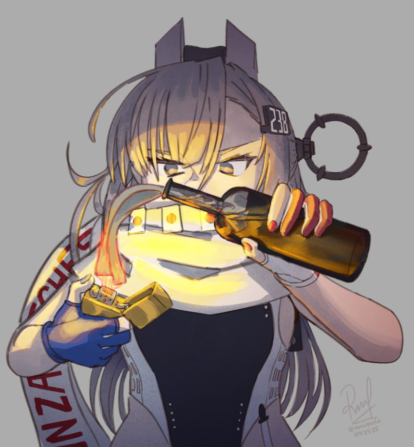 1girl asymmetrical_gloves black_one-piece_swimsuit blue_gloves bottle gloves grey_background grey_eyes grey_hair headgear highleg highleg_one-piece_swimsuit highres holding holding_bottle holding_lighter japanese_flag kantai_collection kill_markings lighter long_hair mismatched_gloves molotov_cocktail one-piece_swimsuit partially_fingerless_gloves ron_(pixiv83091338) scarf solo super_highleg swimsuit two-tone_one-piece_swimsuit wahoo_(kancolle) white_one-piece_swimsuit white_scarf zippo_lighter