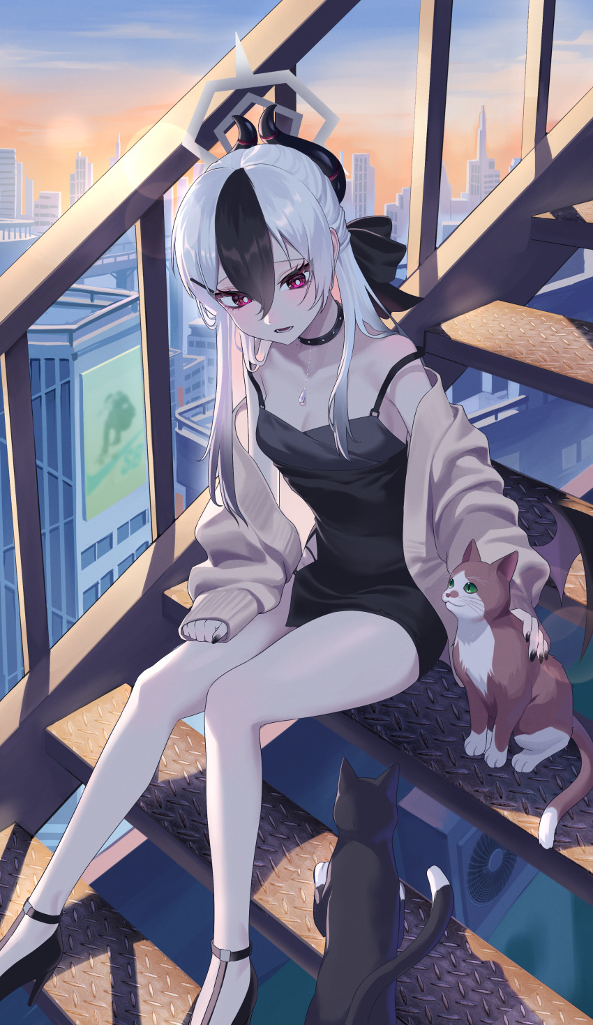 1girl absurdres backlighting bare_legs bare_shoulders black_bow black_cat black_choker black_footwear black_hair black_horns black_nails blue_archive blush bow breasts bright_pupils brown_cardigan brown_cat cardigan cardigan_partially_removed cat choker cityscape cleavage clenched_hand collarbone commentary day demon_girl demon_horns dress eyelashes full_body grey_halo hair_between_eyes hair_bow hair_over_shoulder half_updo halo hand_on_own_thigh happy high_heels highres horns kayoko_(blue_archive) kayoko_(dress)_(blue_archive) knees_together_feet_apart long_hair looking_at_animal looking_down lower_teeth_only m_psycho_83 mole mole_on_neck multicolored_hair nail_polish no_socks official_alternate_costume official_alternate_hairstyle open_cardigan open_clothes open_mouth outdoors petting red_eyes short_dress sitting sitting_on_stairs sleeveless sleeveless_dress sleeves_past_wrists small_breasts solo spaghetti_strap stairs straight_hair strap_slip teeth two-tone_hair white_hair white_pupils