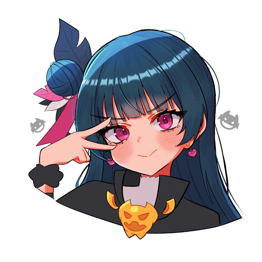 blue_hair blush cloak demon dress feathers genjitsu_no_yohane hair_bun hand_up head_tilt heart highres looking_at_viewer love_live! love_live!_sunshine!! pink_eyes rochie simple_background smile tsushima_yoshiko upper_body v white_background yohane_(genjitsu_no_yohane)