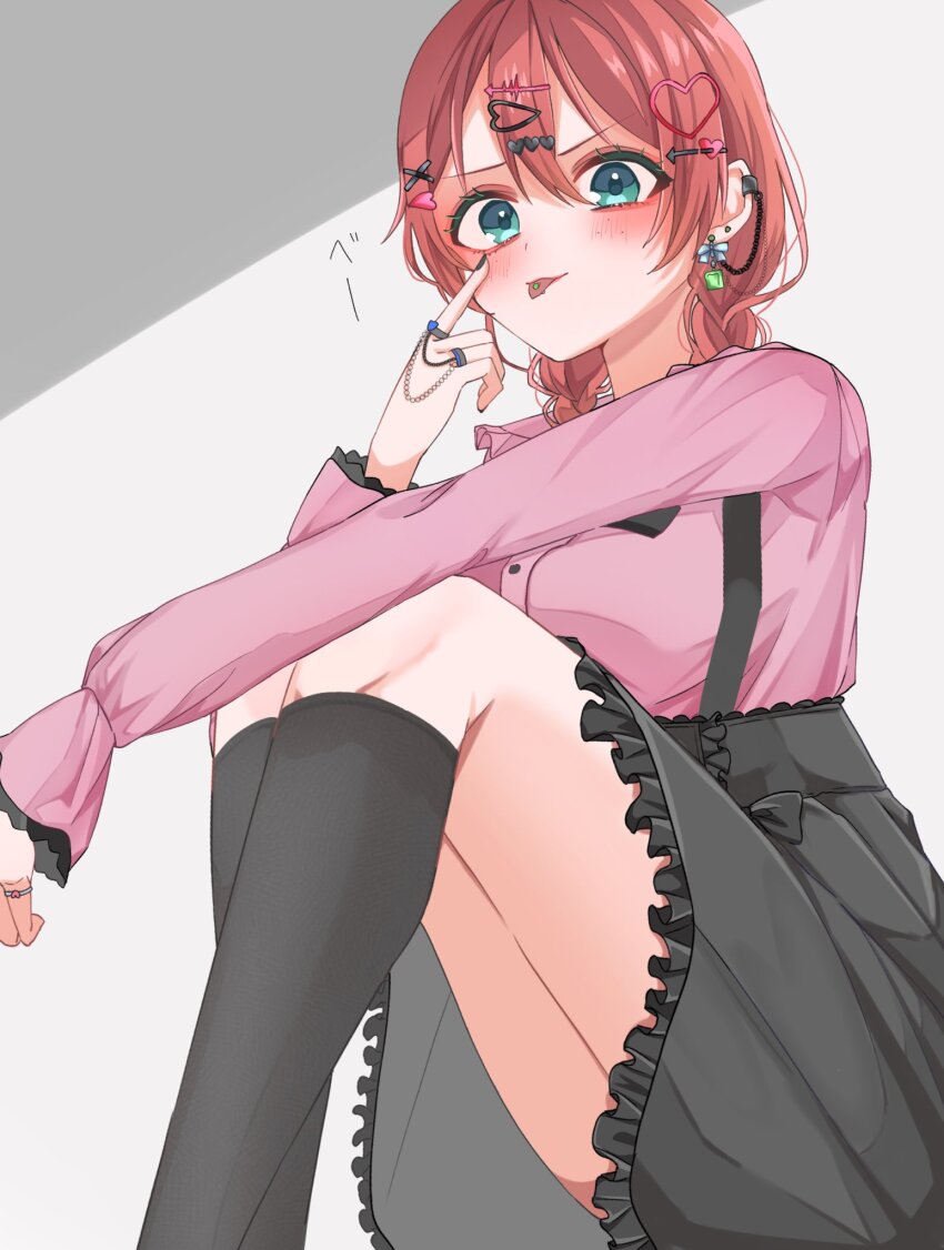 1girl akanbe aqua_eyes black_skirt black_thighhighs blush braid brown_hair commentary_request convenient_censoring ear_piercing emma_verde eyelid_pull freckles frilled_sleeves frills hair_between_eyes hair_ornament high-waist_skirt highres jewelry jirai_kei long_sleeves looking_at_viewer love_live! love_live!_nijigasaki_high_school_idol_club osora_dao piercing pink_shirt ring shirt sidelocks sitting skirt solo thighhighs tongue tongue_out tongue_piercing twin_braids upper_body