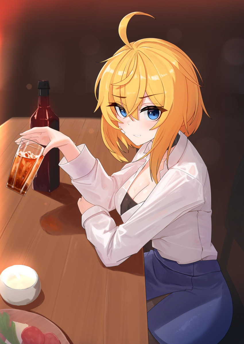 1girl absurdres ahoge alcohol amy_strickland bandaid bandaid_on_face black_bra black_pantyhose blonde_hair blue_eyes blush bra breasts cleavage commission counter:side cup drinking_glass food highres holding holding_cup large_breasts long_sleeves looking_at_viewer medium_hair nabiyan pantyhose pencil_skirt shirt sidelocks sitting skirt smile solo table underwear white_shirt wine