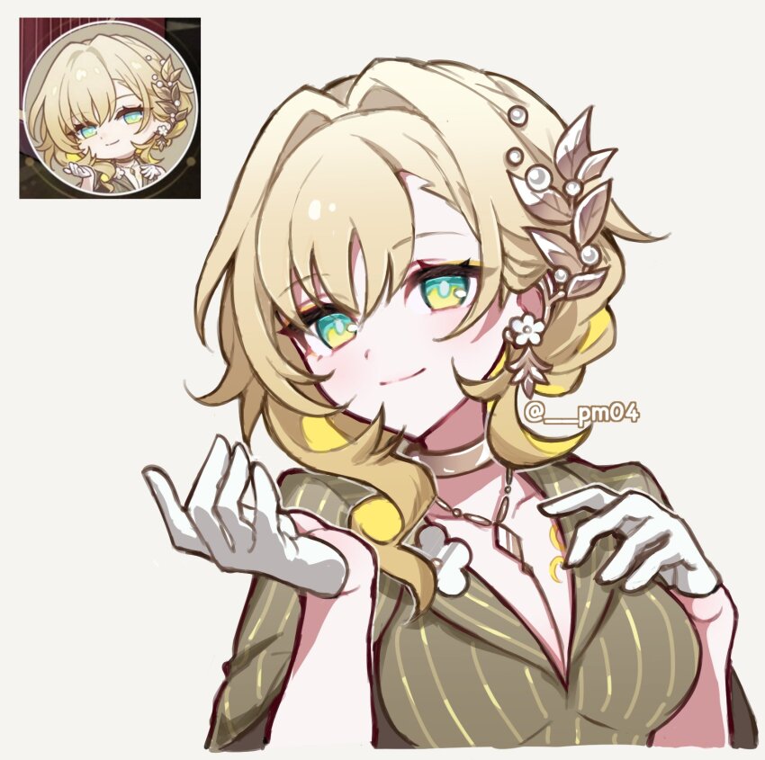 1girl aglaea_(fashion)_(honkai:_star_rail) aglaea_(honkai:_star_rail) blonde_hair breasts choker cleavage gloves green_eyes grey_background grey_shirt hair_intakes hair_ornament highres honkai:_star_rail honkai_(series) jewelry looking_at_viewer medium_breasts multiple_views necklace shirt short_hair sikaku simple_background smile upper_body white_gloves