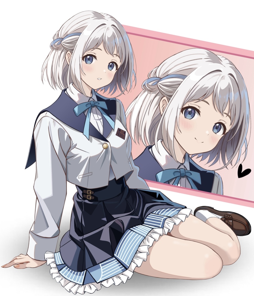 absurdres blazer blue_bow blue_bowtie blue_eyes blush bow bowtie breasts collared_shirt cropped_jacket gakuen_idolmaster grey_hair high-waist_skirt highres idolmaster jacket katsuragi_lilja loafers looking_at_viewer medium_breasts medium_hair open_mouth pleated_skirt shirt shoes sitting skirt smile socks teeth white_shirt white_socks zaofeng