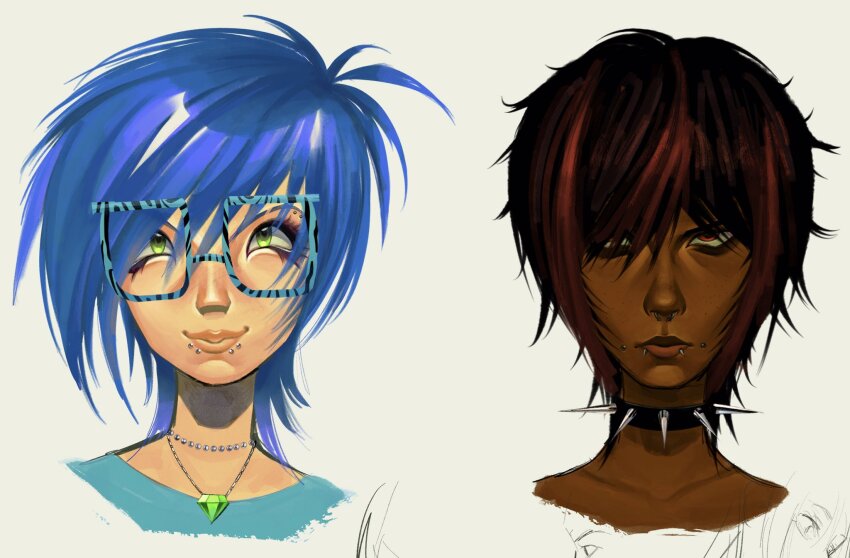 androgynous animal_print blue_hair brown_hair choker collar dahlia_(piercing) dark_skin diamond_necklace gem glasses goth_fashion green_eyes green_gemstone highres nanao_uu nose_piercing nose_ring original piercing red_eyes scene_cut scene_fashion snakebite_(piercing) spiked_collar spikes straight-on white_background zebra_print