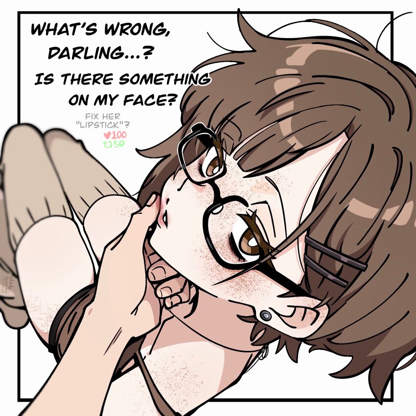 1boy 1girl asami-chan black-framed_eyewear bright_pupils brown_eyes brown_hair commentary earrings english_commentary english_text finger_to_mouth freckles from_above highres hozuki_asami_(asami-chan) jewelry lips lipstick looking_at_viewer looking_back makeup original short_hair solo_focus white_pupils