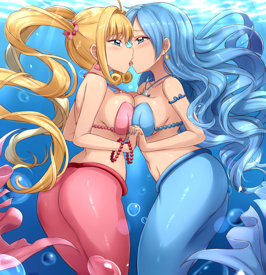 2girls absurdres ahoge air_bubble armlet ass bare_shoulders bikini blonde_hair blue_eyes blue_hair blue_nails blush bracelet breast_press breasts bubble cleavage collarbone commentary curly_sidelocks earrings eye_contact french_kiss groin hair_between_eyes hair_intakes hair_ornament highres houshou_hanon houshou_hanon_(mermaid) interlocked_fingers jewelry kiss large_breasts long_hair looking_at_another mermaid mermaid_melody_pichi_pichi_pitch monster_girl multiple_girls nail_polish nanami_lucia nanami_lucia_(mermaid) navel necklace open_mouth pearl_bracelet pink_nails shell shell_bikini shell_earrings shell_hair_ornament shell_necklace sidelocks skywalker0610 star_(symbol) star_earrings stomach symmetrical_docking tongue tongue_out twintails underwater very_long_hair yuri