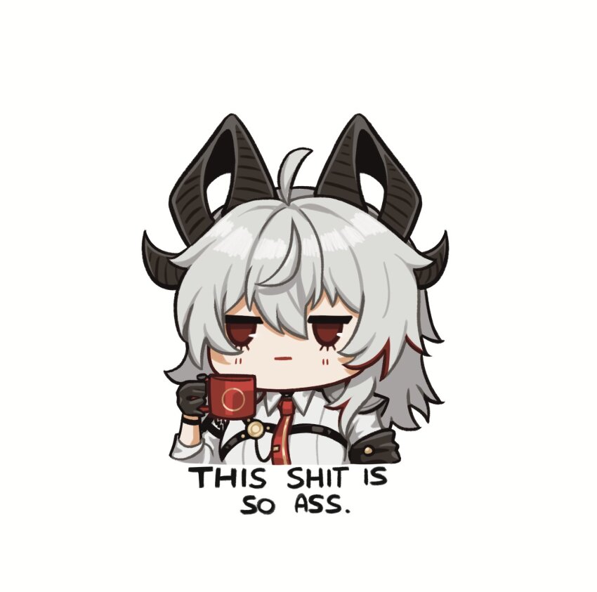 1girl ahoge armband black_armband black_gloves black_horns breasts chest_harness chibi chibi_only closed_mouth coffee_mug commentary cup curled_horns english_commentary english_text gloves grey_hair hair_between_eyes harness highres holding holding_cup horns long_hair medium_breasts meme mug necktie red_eyes red_necktie sara_(maple_yume) simple_background solo this_shit_is_so_ass_(meme) white_background wuthering_waves zani_(wuthering_waves)