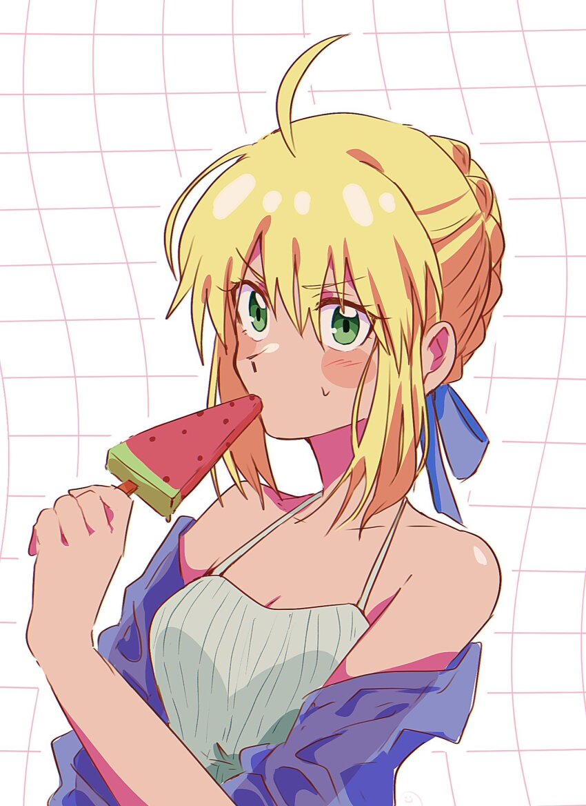 1990s_(style) 1girl ahoge alternate_costume artoria_pendragon_(fate) blonde_hair blue_coat blush breasts coat costume eating fate/stay_night fate_(series) food green_eyes hair_bun hair_ribbon highres medium_breasts nedameman popsicle retro_artstyle ribbon saber_(fate) short_hair solo tank_top watermelon_bar white_tank_top