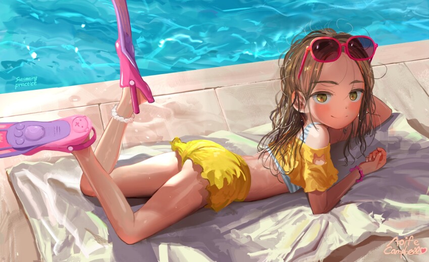 1girl aoife_campbell_(masuda_(yousaytwosin)) banned_artist bikini brown_hair closed_mouth crocs feet_up female_focus flippers forehead full_body highres long_hair looking_at_viewer lying masuda_(yousaytwosin) on_ground on_stomach original pink_footwear poolside signature smile solo swimsuit the_pose wet wet_hair yellow_bikini yellow_eyes
