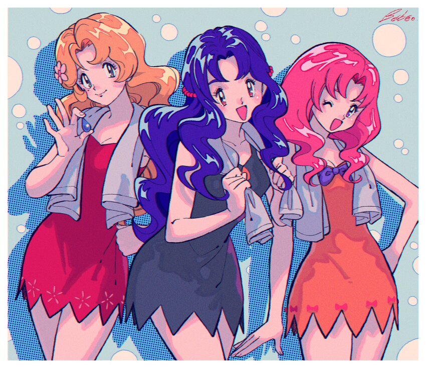 3girls :d ;d badge blonde_hair blue_hair bow breasts cleavage daisy_(pokemon) dress dress_bow flower gym_leader_badge hair_flower hair_ornament hand_on_own_hip highres holding_badge kwsby_124 lily_(pokemon) long_hair looking_at_viewer multiple_girls nintendo one_eye_closed open_mouth pink_hair pokemon pokemon_(anime) pokemon_(classic_anime) purple_bow siblings signature sisters sleeveless sleeveless_dress smile towel towel_around_neck violet_(pokemon)