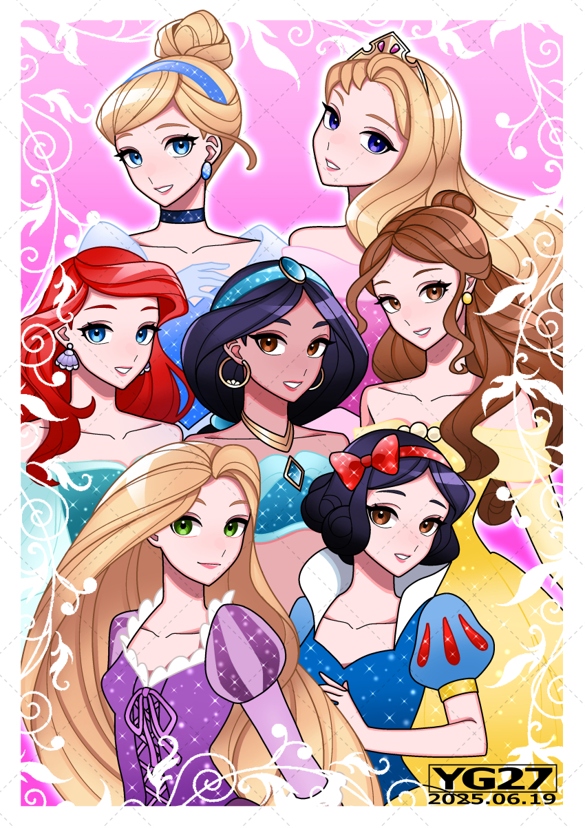 6+girls absurdres aladdin_(movie) ariel_(disney) aurora_(disney) beauty_and_the_beast_(disney) belle_(disney) black_hair blonde_hair blue_eyes brown_eyes brown_hair cinderella_(disney_character) cinderella_(disney_movie) disney disney_princess dress earrings hasshin_nina highres jasmine_(disney) jewelry long_hair looking_at_viewer multiple_girls rapunzel_(disney) smile snow_white_(disney) snow_white_and_the_seven_dwarfs_(disney) tangled the_little_mermaid_(disney)