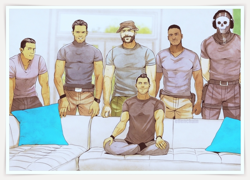 6+boys asymmetrical_hair bara beard belt black_belt black_hair black_pants black_shirt brown_pants call_of_duty call_of_duty:_modern_warfare_2 captain_price closed_mouth dark-skinned_male dark_skin ellen_chain facial_hair gaz_(call_of_duty_4) ghost_(modern_warfare_2) green_pants grey_shirt hat headphones indian_style large_pectorals male_focus mask meme multiple_boys muscular muscular_male pants pectorals piper_perri_surrounded_(meme) rudy_(modern_warfare_2) shirt short_hair sidecut sitting skull_mask smile soap_(modern_warfare_2) undercut victor_1-1_(modern_warfare_2) watch wristwatch yaoi