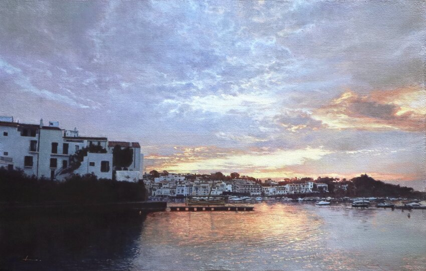 absurdres blue_sky building city cloud cloudy_sky day highres naohiro_ito no_humans original painting_(medium) realistic reflection reflective_water road scenery shore sky street sunlight sunset traditional_media tree water watercolor_(medium)
