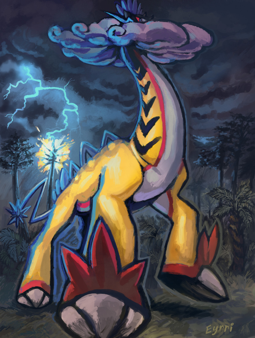 eyrri_art grey_sky highres lightning multicolored_fur nintendo no_humans outdoors pokemon pokemon_(creature) raging_bolt sky solo standing tree white_fur yellow_fur