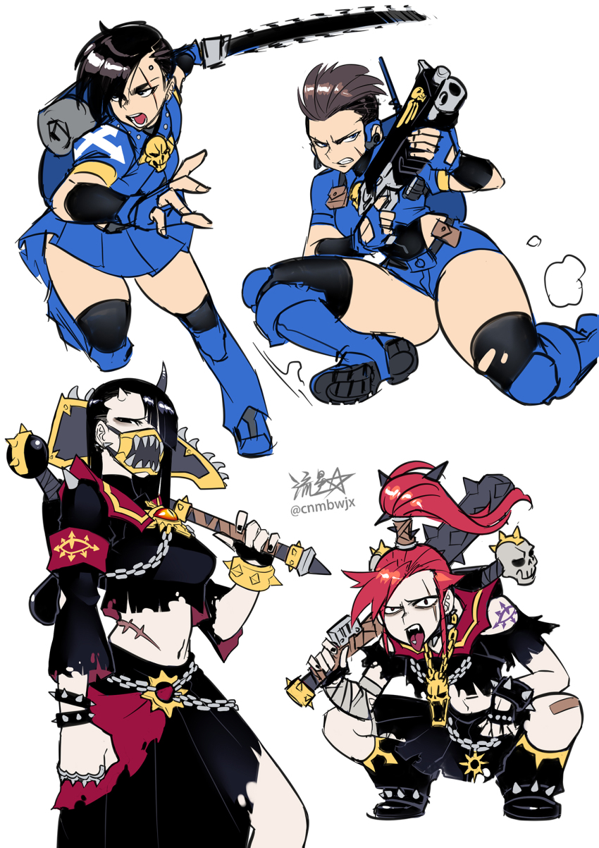 axe black_hair black_legion black_nails boots bracelet brass_knuckles breasts brown_hair chain_axe chainsword chaos_(warhammer) clenched_teeth club club_(weapon) delinquent directed-energy_weapon energy_gun energy_weapon facial_scar gun highres holding holding_sword holding_weapon horns jewelry knee_boots knee_pads laser_gun laser_weapon lasgun mask medium_breasts medium_skirt midriff miniskirt mohawk mouth_mask nail_polish navel pale_skin pleated_skirt red_hair ryuusei_(mark_ii) scar scar_across_eye scar_on_cheek scar_on_face short_hair short_shorts shorts signature skirt sliding spiked_bracelet spiked_club spikes squatting sukeban sword sword_on_back teeth tongue tongue_out topknot torn_clothes twitter_username warhammer_40k weapon weapon_on_back