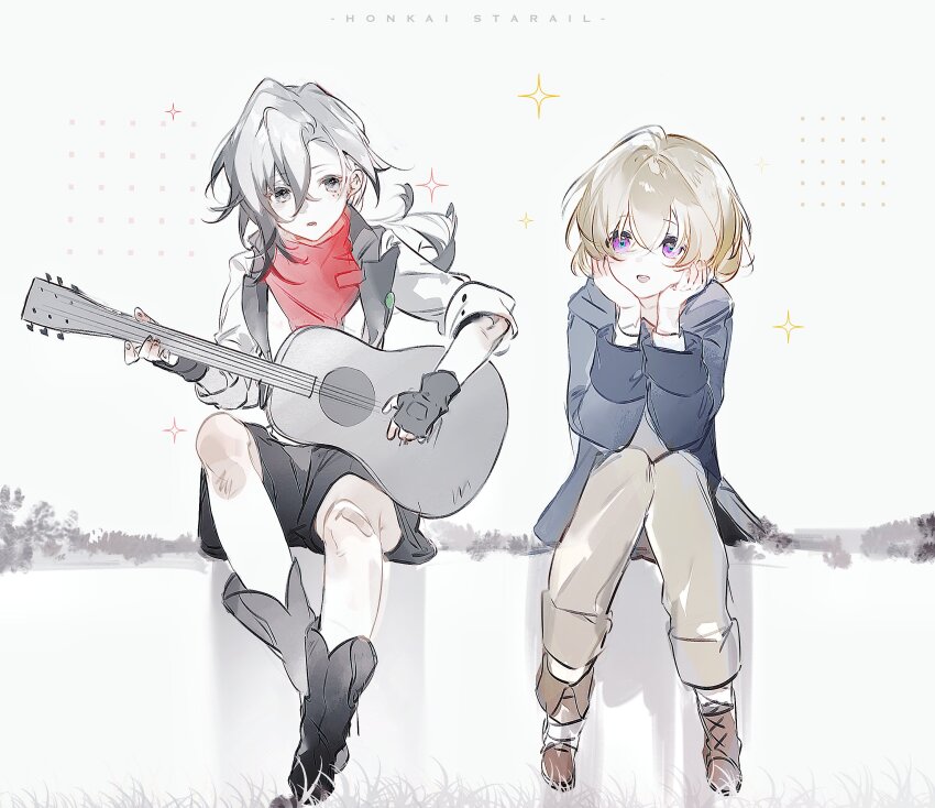 2boys absurdres aged_down aventurine_(honkai:_star_rail) black_footwear black_gloves black_shorts blonde_hair blue_jacket boothill_(honkai:_star_rail) boots brown_footwear brown_pants child commentary copyright_name english_commentary fingerless_gloves full_body gloves grey_eyes grey_hair guitar hair_between_eyes hands_on_own_cheeks hands_on_own_face highres holding holding_guitar holding_instrument honkai:_star_rail honkai_(series) instrument jacket kakavasha_(honkai:_star_rail) long_hair long_sleeves male_focus multicolored_hair multiple_boys music pants playing_instrument purple_eyes senlly_2507 shadow shorts simple_background sitting smile sparkle